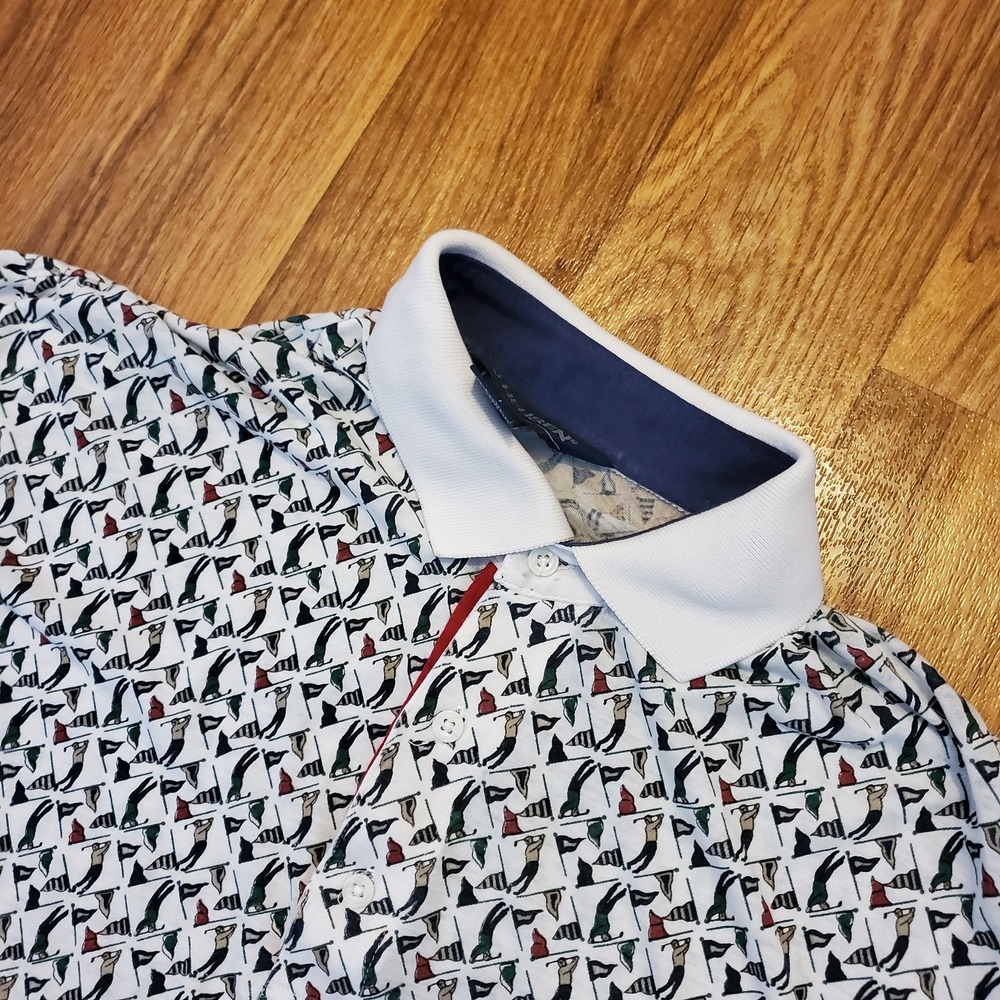 Van‎ Heusen Golf Shirt Men Large White Golf Print Geometric Collared Classic